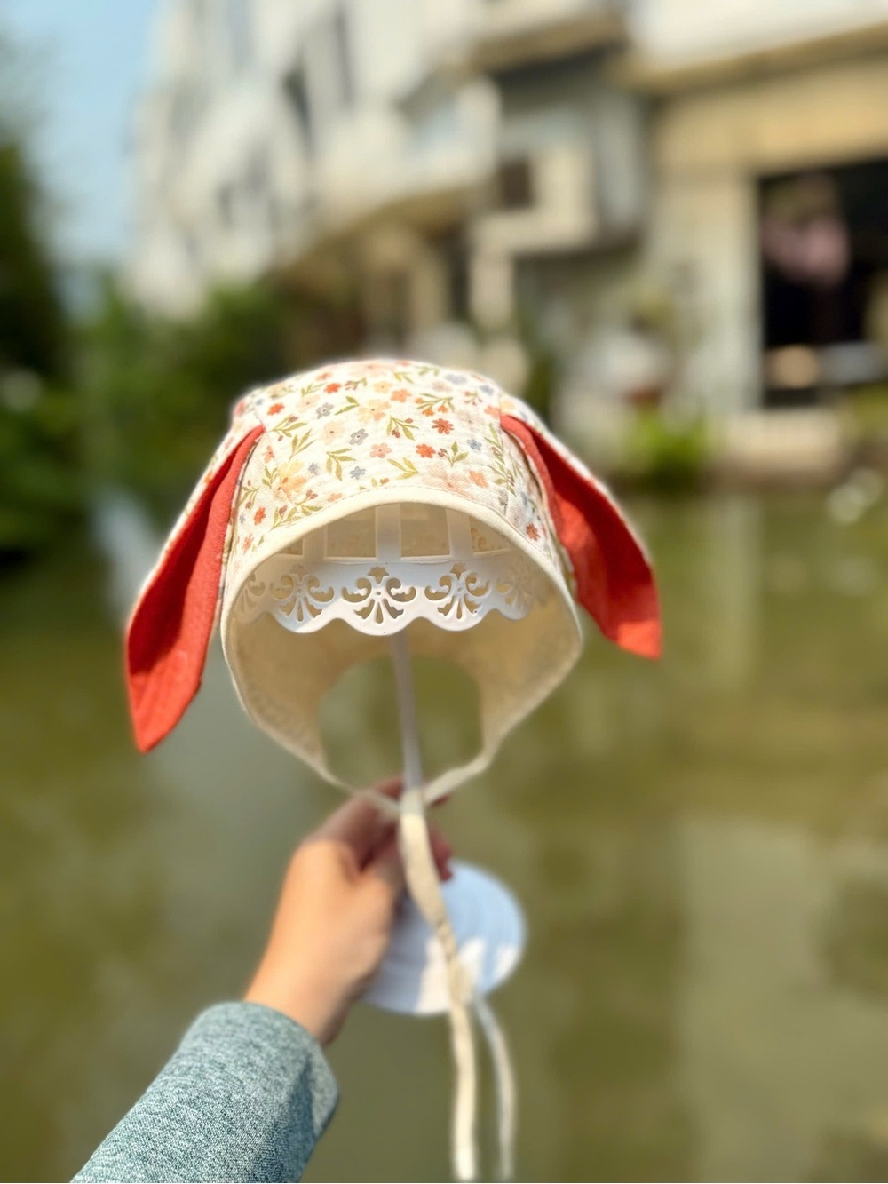 Kids Floral Bunny Ear Sun Hat - Cream and Coral